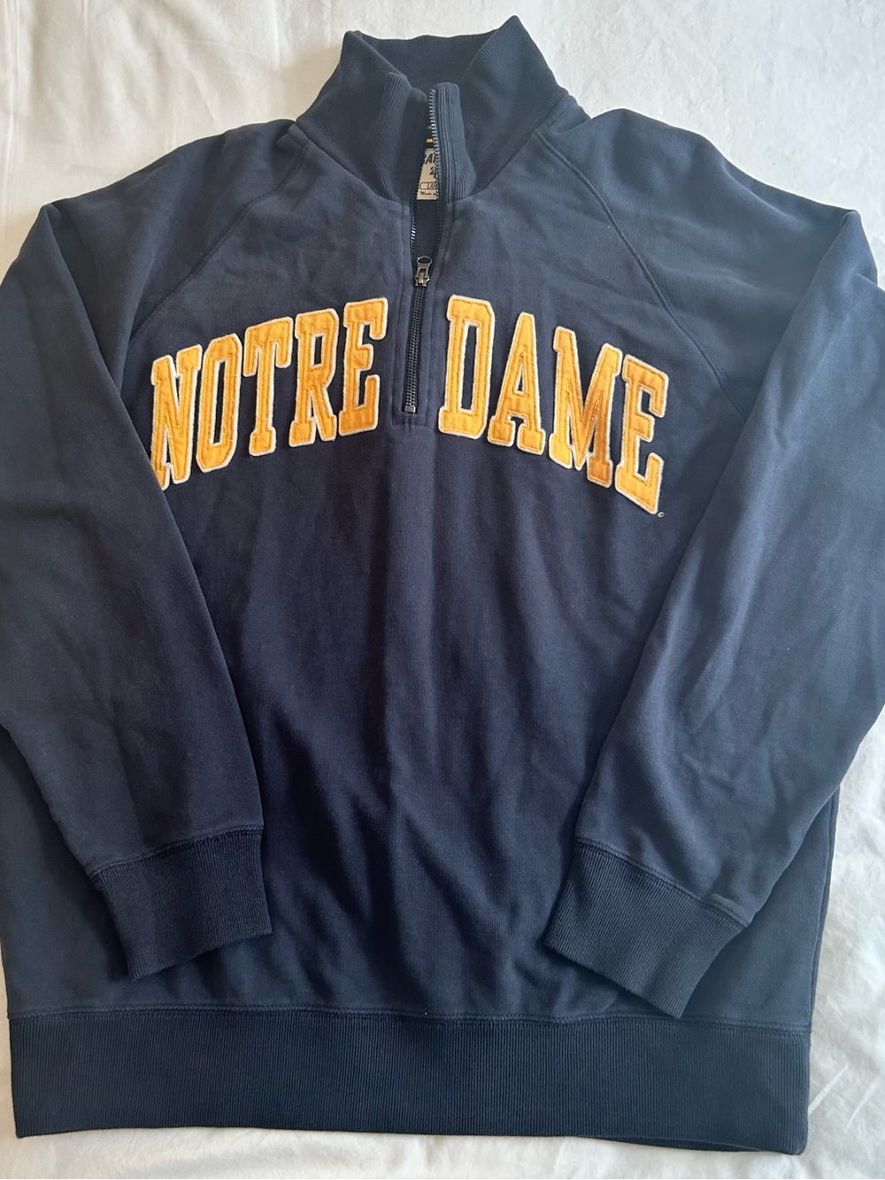 Notre Dame Navy Crewneck Quarter-Zip Sweatshirt with Gold Lettering L